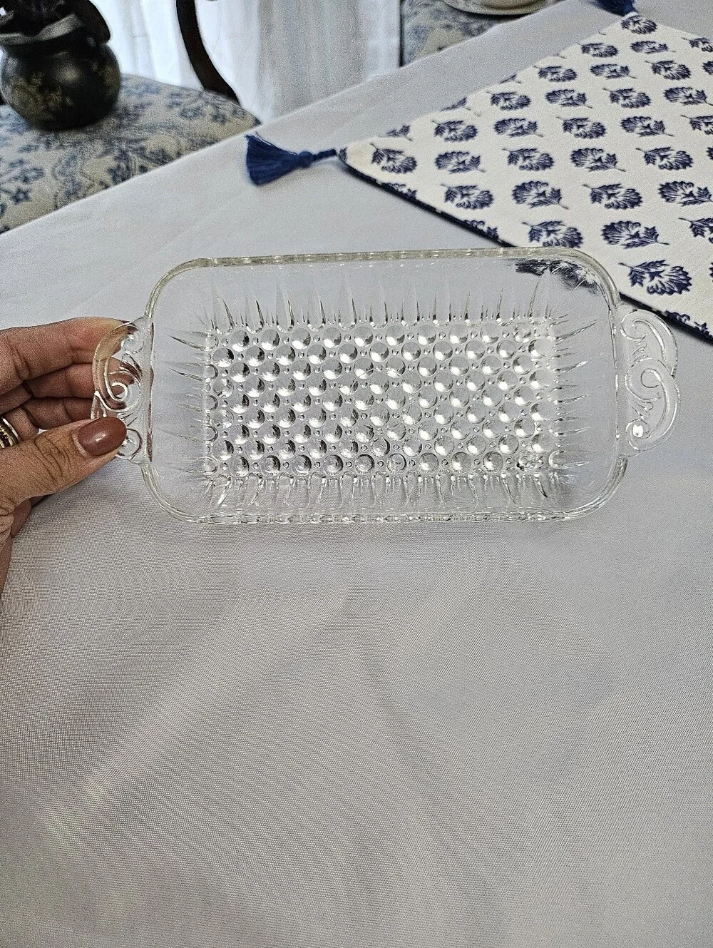 Vintage Anchor Hocking Clear Glass Hobnail and Ray Rectangle Relish Tray Dish